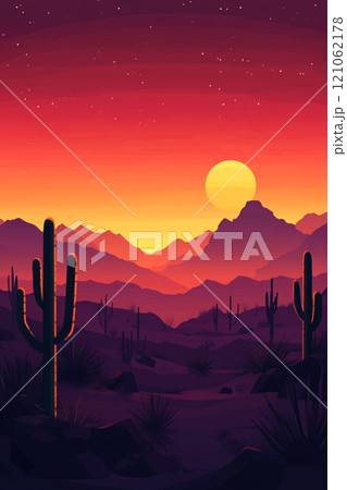 A desert landscape with a large sun in the sky. The sun is setting and the sky is a beautiful mix of orange and purple. Mountain in the background.  121062178