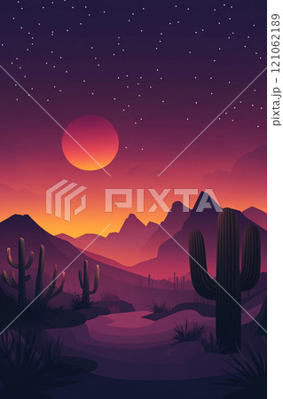 A desert landscape with a large sun in the sky. The sun is setting and the sky is a beautiful mix of orange and purple. Mountain in the background.  121062189