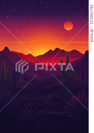 A desert landscape with a large sun in the sky. The sun is setting and the sky is a beautiful mix of orange and purple. Mountain in the background.  121062192