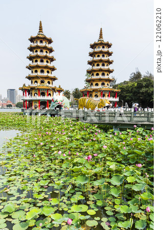 View of the lotus in bloom at the Dragon and Tiger Pagoda in Lotus Pond, Kaohsiung, Taiwan. 121062210