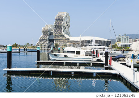 View of Yacht Marina at Glory Pier of Kaohsiung Port, Taiwan. with the Kaohsiung Music Center building. 121062249
