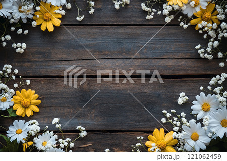 A old wooden plank background with a variety of yellow and white flowers, including daisies on the sides. A old wooden plank background with a variety of yellow and white flowers, including daisies on the sides. 121062459