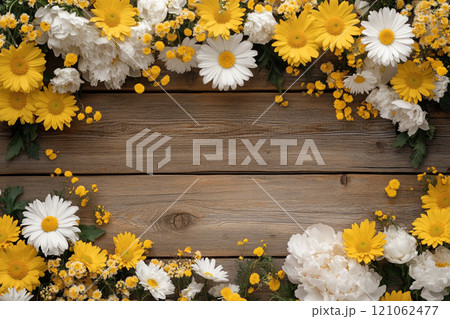 A old wooden plank background with a variety of yellow and white flowers, including daisies on the sides. A old wooden plank background with a variety of yellow and white flowers, including daisies on the sides. 121062477