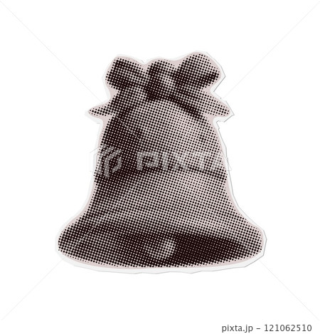 Bell - Christmas torn out paper sticker in naive halftone collage style. Vector vintage clay toy. 121062510