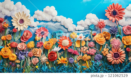 A garden of colorful flowers made from painted plasticine, each representing different types and colors found in nature. 121062529