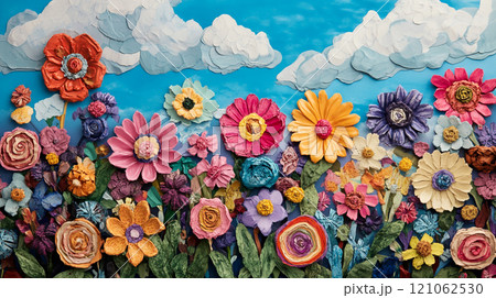 A garden of colorful flowers made from painted plasticine, each representing different types and colors found in nature. 121062530