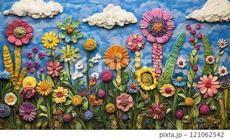 A garden of colorful flowers made from painted plasticine, each representing different types and colors found in nature. 121062542