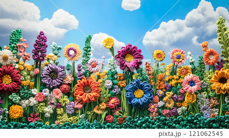 A garden of colorful flowers made from painted plasticine, each representing different types and colors found in nature. A garden of colorful flowers made from painted plasticine, each representing different types and colors found in nature. 121062545