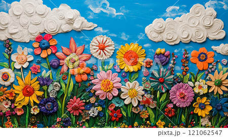A garden of colorful flowers made from painted plasticine, each representing different types and colors found in nature. 121062547