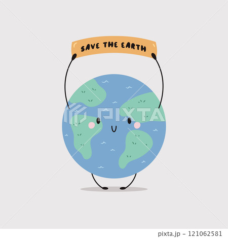 Cute Cartoon Illustration of Planet Earth Holding Save Me Sign. Cute Cartoon Illustration of Planet Earth Holding Save Me Sign. 121062581