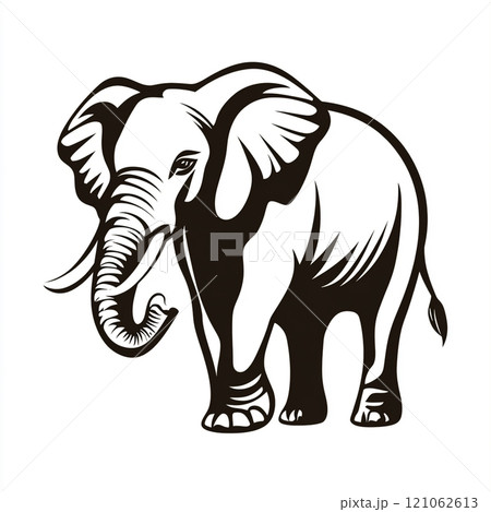 A black and white illustration of an elephant standing in front of a white background. A black and white illustration of an elephant standing in front of a white background. 121062613