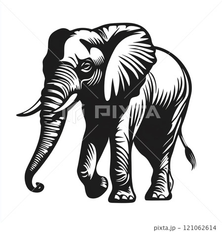 A black and white illustration of an elephant standing in front of a white background. 121062614
