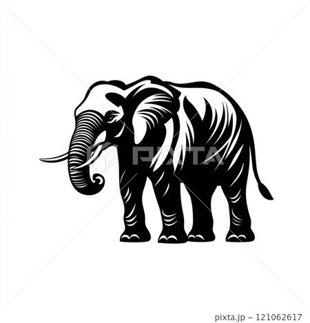 A black and white illustration of an elephant standing in front of a white background. A black and white illustration of an elephant standing in front of a white background. 121062617