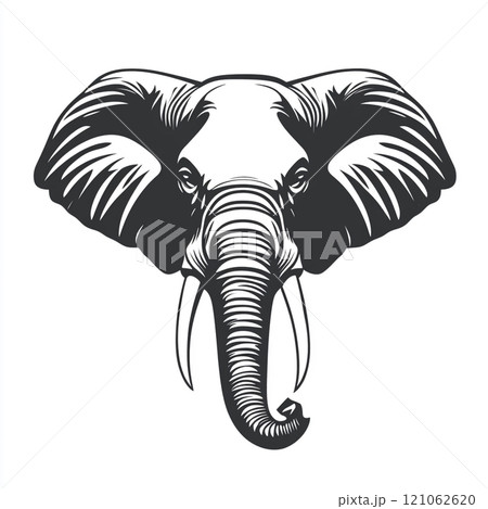 A black and white illustration of an elephant standing in front of a white background. 121062620