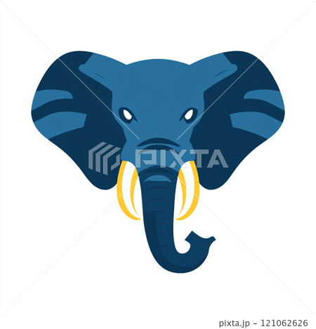 A black and white illustration of an elephant standing in front of a white background. 121062626