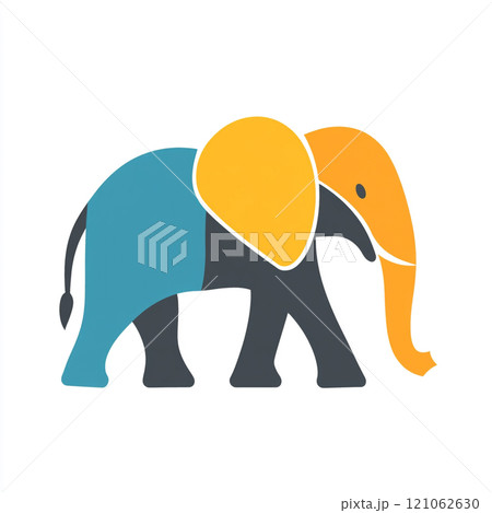 A black and white illustration of an elephant standing in front of a white background. 121062630
