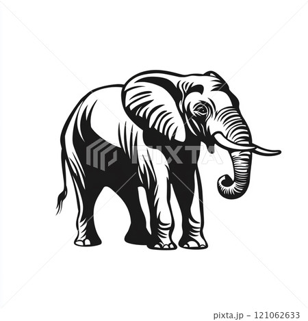 A black and white illustration of an elephant standing in front of a white background. 121062633