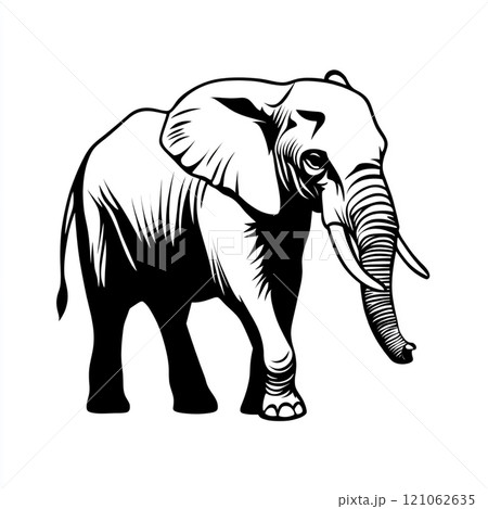 A black and white illustration of an elephant standing in front of a white background. A black and white illustration of an elephant standing in front of a white background. 121062635