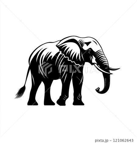 A black and white illustration of an elephant standing in front of a white background. A black and white illustration of an elephant standing in front of a white background. 121062643