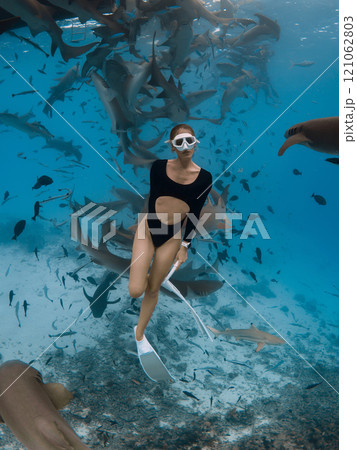 Woman free diver in a tropical water diving with nurse sharks 121062803