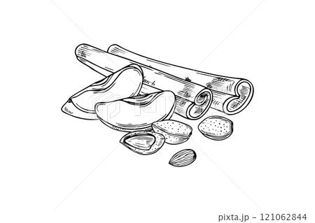 Almond, apple slice and cinnamon sticks heap vector isolated illustration clip art in black and white colors. Aromatic seasoning with fresh fruit, nut ingredients monochrome illustration for desserts. Almond, apple slice and cinnamon sticks heap vector isolated illustration clip art in black and white colors. Aromatic seasoning with fresh fruit, nut ingredients monochrome illustration for desserts. 121062844