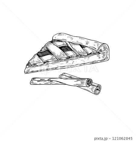 Cinnamon pie slice and seasoning sticks illustration painted by black inks in realistic style. Winter fruit or berry tart hand drawn graphic sketch. Food pastry element for menu, recipe design. 121062845