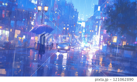 雨の街角と傘の灯り 雨の街角と傘の灯り 121062890