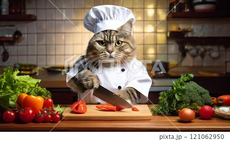 シェフになった猫が台所で野菜を切っている 121062950