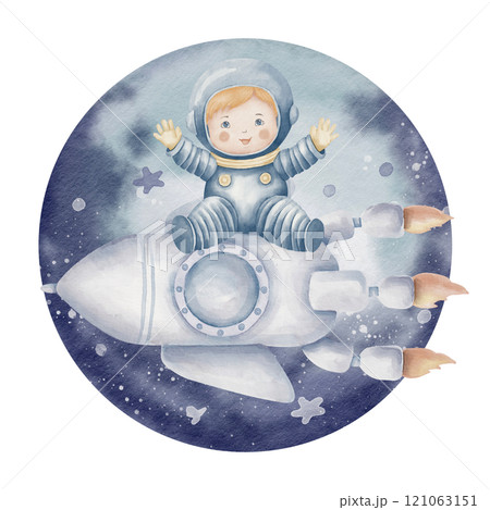 Watercolor illustration of a Baby Cosmonaut sitting on a Spaceship on background of Planet. Drawing of astronaut in a space for birthday cards, baby shower invitations, or children nursery designs. 121063151