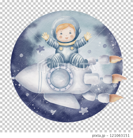 Watercolor illustration of a Baby Cosmonaut sitting on a Spaceship on background of Planet. Drawing of astronaut in a space for birthday cards, baby shower invitations, or children nursery designs. Watercolor illustration of a Baby Cosmonaut sitting on a Spaceship on background of Planet. Drawing of astronaut in a space for birthday cards, baby shower invitations, or children nursery designs. 121063151