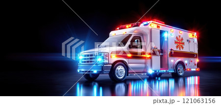 Brightly lit ambulance in action at night, highlighting emergency medical services with vivid red and blue lights against a dark background. 121063156