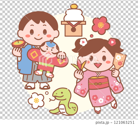 蛇年にお正月遊びをする着物を着た子供の1月イラスト 蛇年にお正月遊びをする着物を着た子供の1月イラスト 121063251