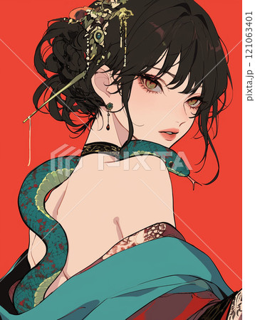 原画】オリジナル.幸福の大蛇.手描きイラスト 手描きイラスト 原画 蛇