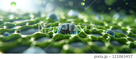 Magnified human skin cell, 3D futuristic model, neon green holographic effect, hightech 121063457