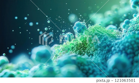Intricate closeup of skin cells, 3D futuristic hologram, neon blue and green, digital art 121063501
