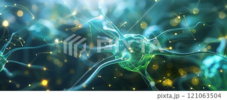 Magnified human skin cell, 3D futuristic model, neon green holographic effect, hightech 121063504
