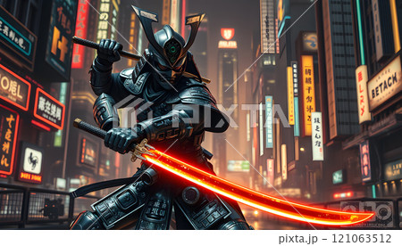 Samurai With Swors In Futuristic City Samurai With Swors In Futuristic City 121063512