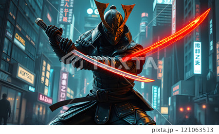 Samurai With Swors In Futuristic City Samurai With Swors In Futuristic City 121063513