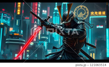 Samurai With Swors In Futuristic City 121063514