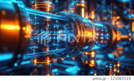 Futuristic nanotechnology circuit with glowing blue and orange lights in advanced scientific laboratory 121063519