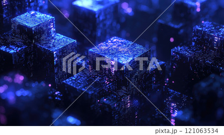 Futuristic dark digital space with glowing data cubes for abstract technology backgrounds 121063534