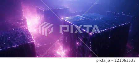 Futuristic glowing cubes in misty purple atmosphere with digital holographic patterns 121063535