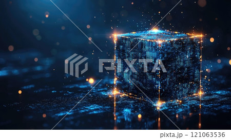 Glowing digital cube with neon lights in a futuristic technology setting 121063536
