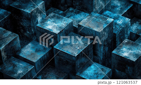 Futuristic metallic blue cubes with circuit patterns in a digital abstract geometric design 121063537