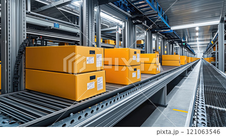 Automated warehouse system with conveyor belts and yellow boxes for efficient logistics and inventory management 121063546