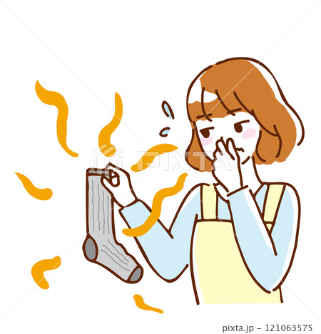 臭い靴下をつまむ若い女性の線画イラスト 121063575