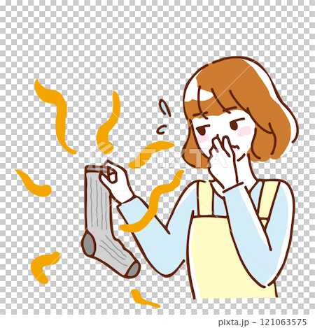 臭い靴下をつまむ若い女性の線画イラスト 121063575