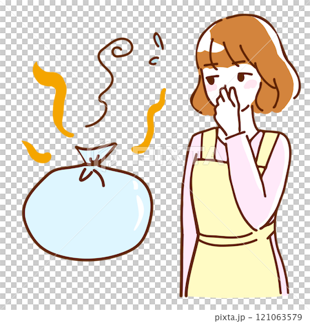 Line drawing illustration of a young woman holding her nose over a smelly garbage bag 121063579