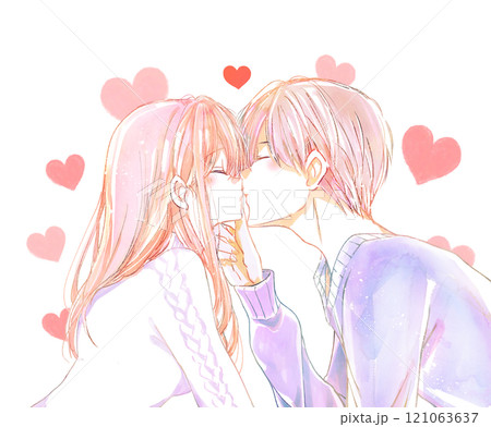 キスする男女 顎クイ 冬 ハート キスする男女 顎クイ 冬 ハート 121063637