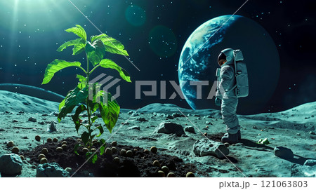 An astronaut standing on the moon next to a plant 121063803